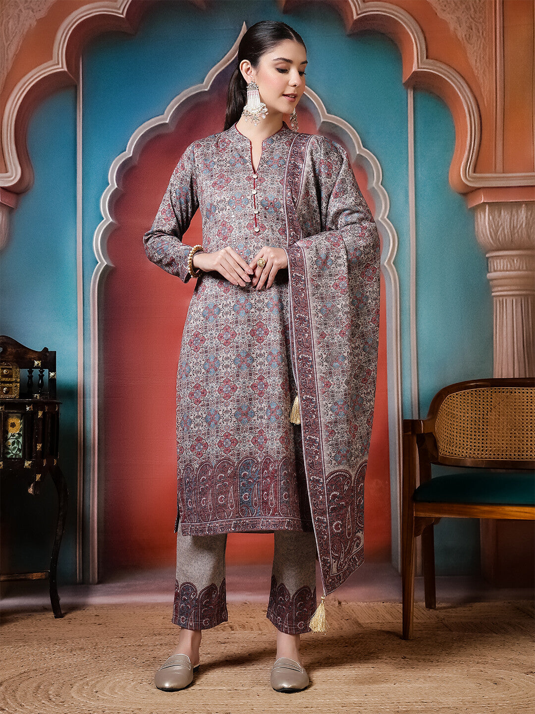 Floral Embroidered Straight Winter Wear Kurta & Trousers Sets