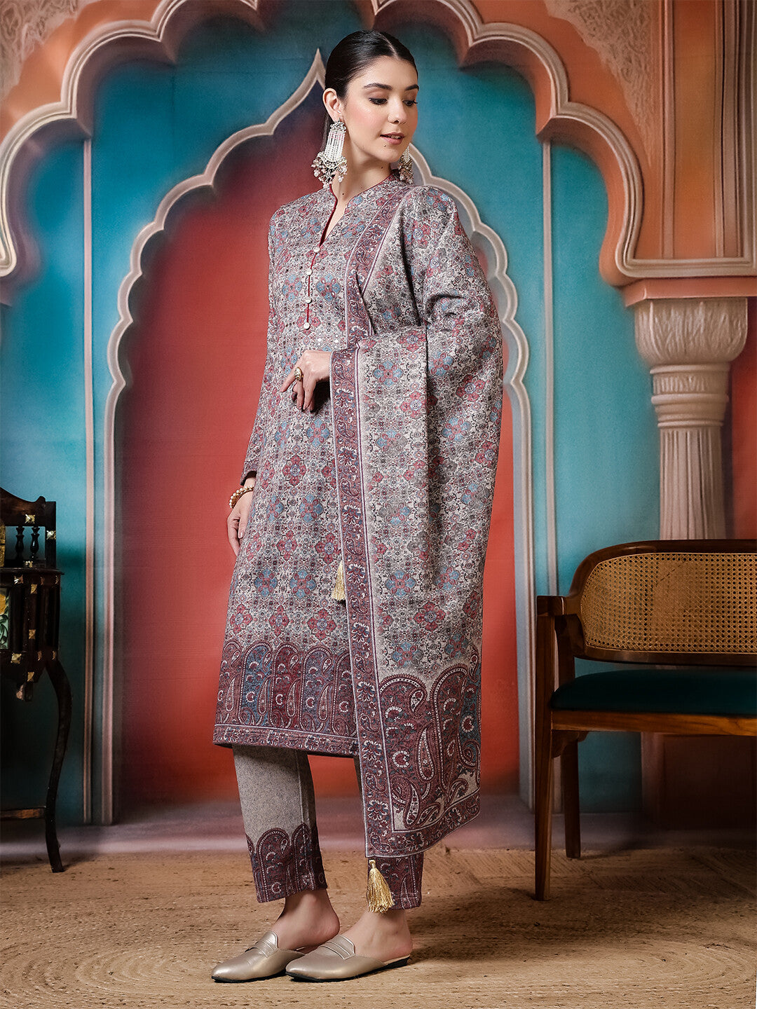 Floral Embroidered Straight Winter Wear Kurta & Trousers Sets