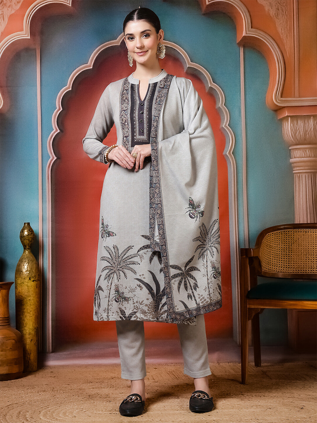 Floral Embroidered Straight Winter Wear Kurta & Trousers Sets