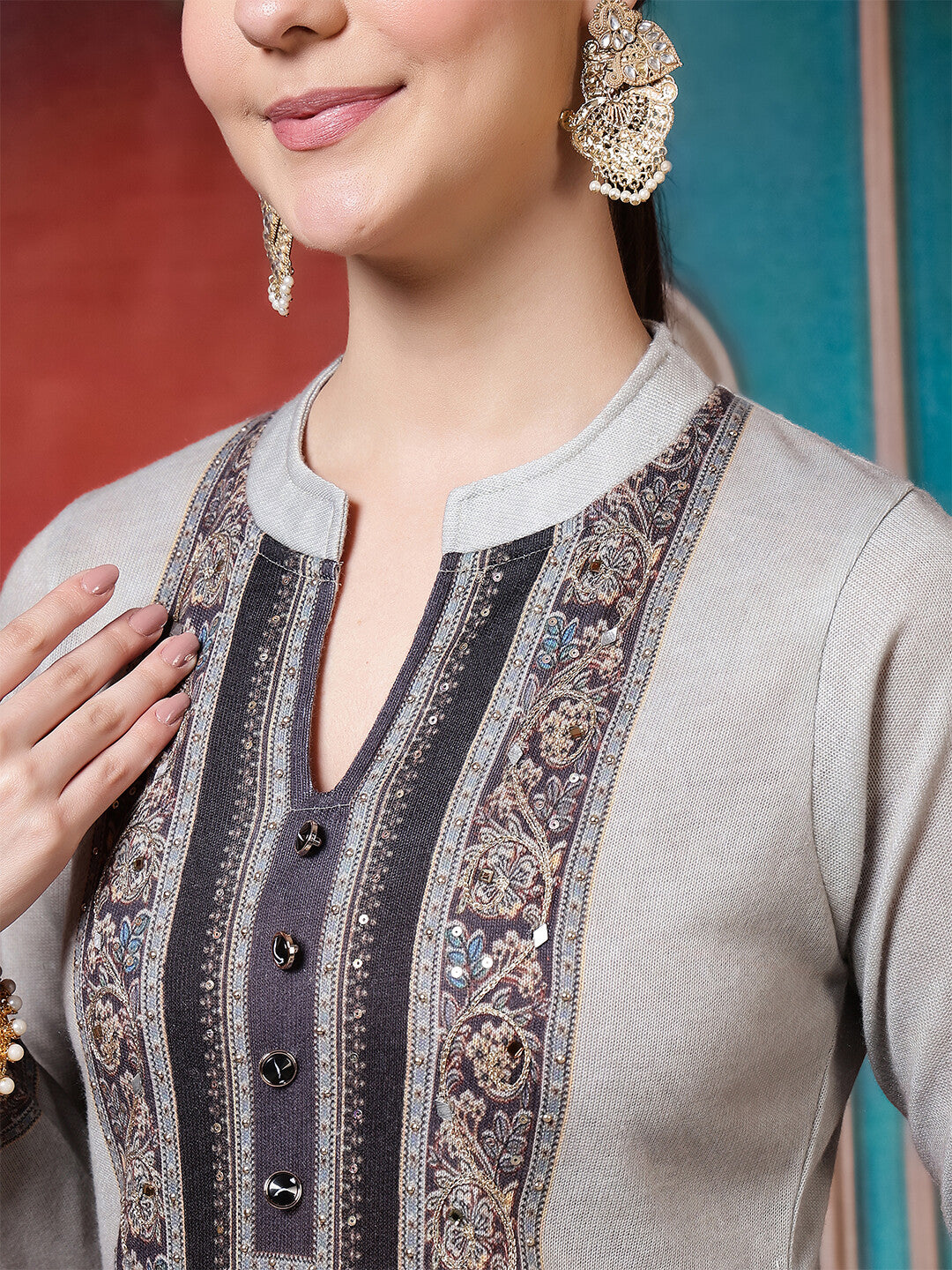 Floral Embroidered Straight Winter Wear Kurta & Trousers Sets