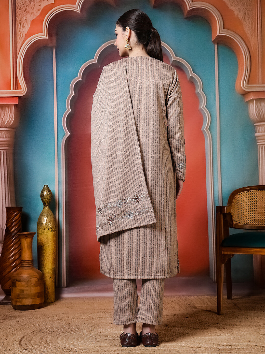 Floral Embroidered Straight Winter Wear Kurta & Trousers Sets