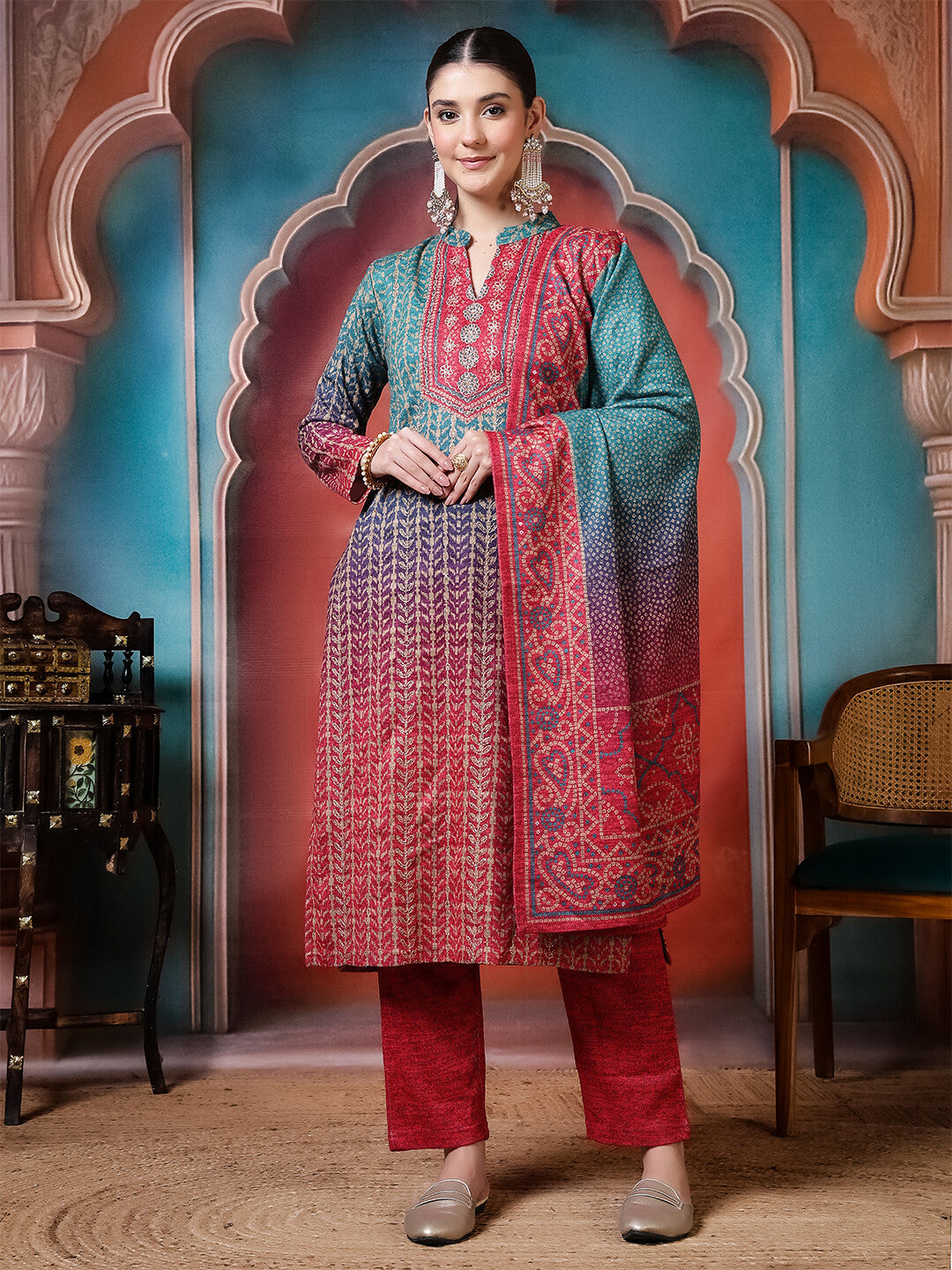 Floral Embroidered Straight Winter Wear Kurta & Trousers Sets