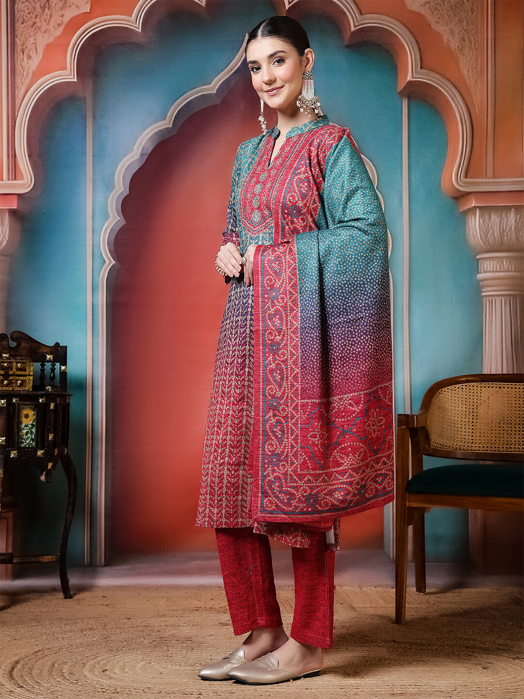 Floral Embroidered Straight Winter Wear Kurta & Trousers Sets