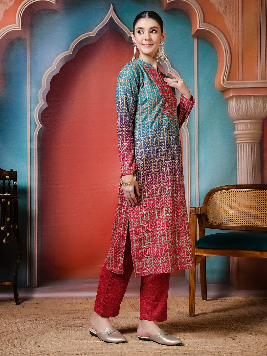 Floral Embroidered Straight Winter Wear Kurta & Trousers Sets