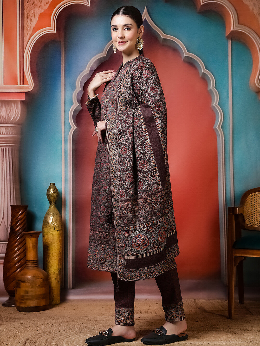Floral Embroidered Straight Winter Wear Kurta & Trousers Sets