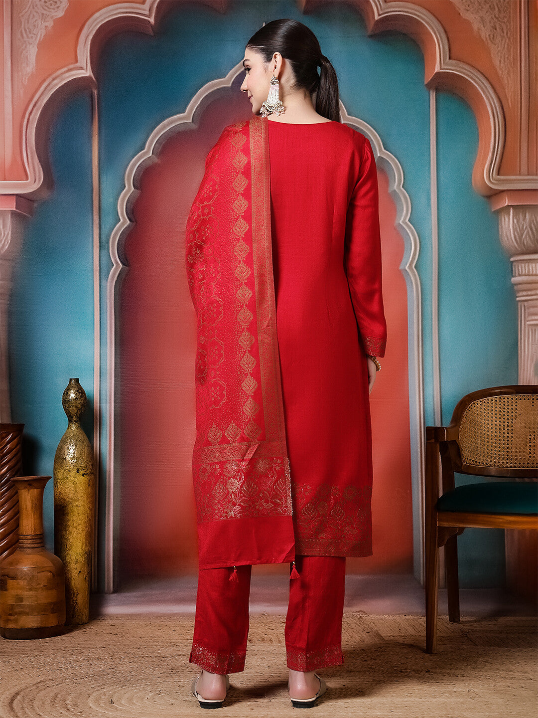 Floral Embroidered Straight Winter Wear Kurta & Trousers Sets