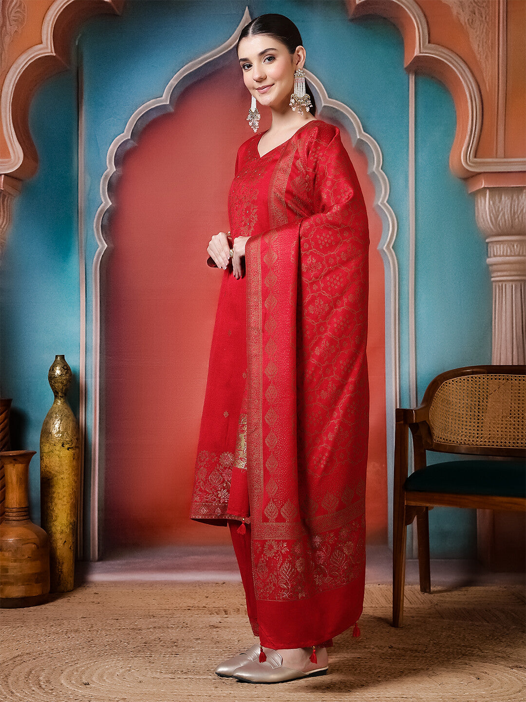 Floral Embroidered Straight Winter Wear Kurta & Trousers Sets