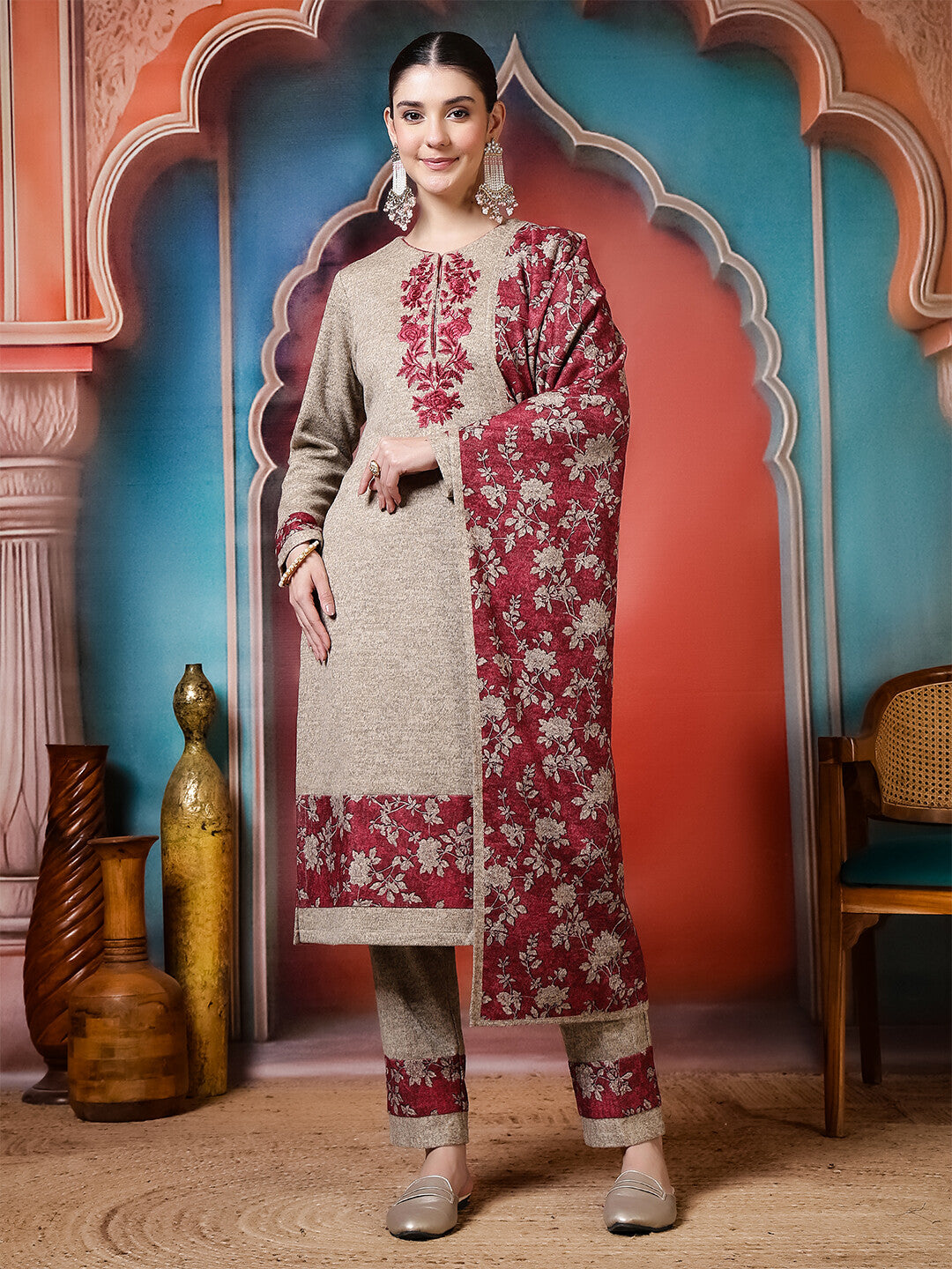 Floral Embroidered Straight Winter Wear Kurta & Trousers Sets