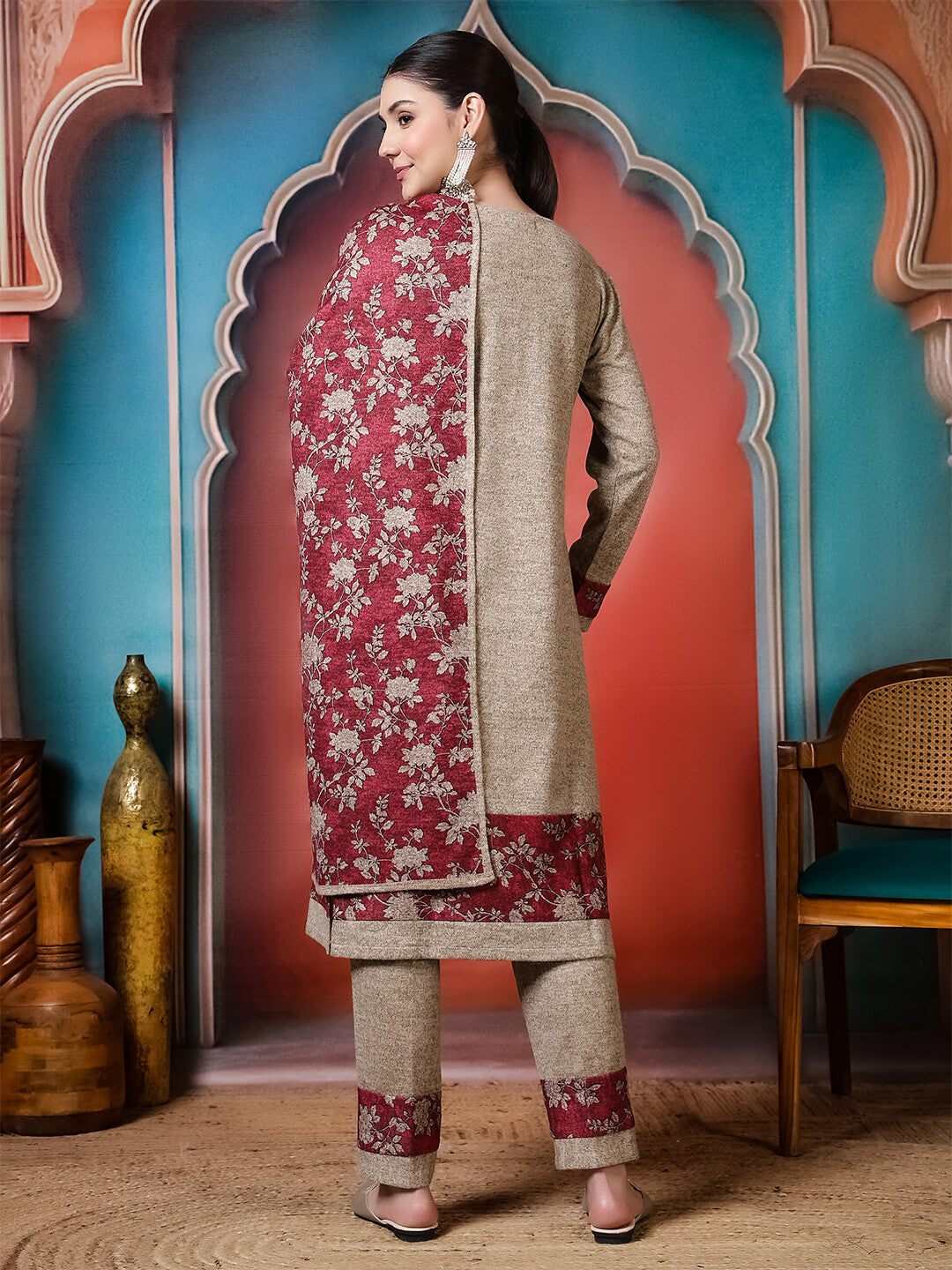 Floral Embroidered Straight Winter Wear Kurta & Trousers Sets