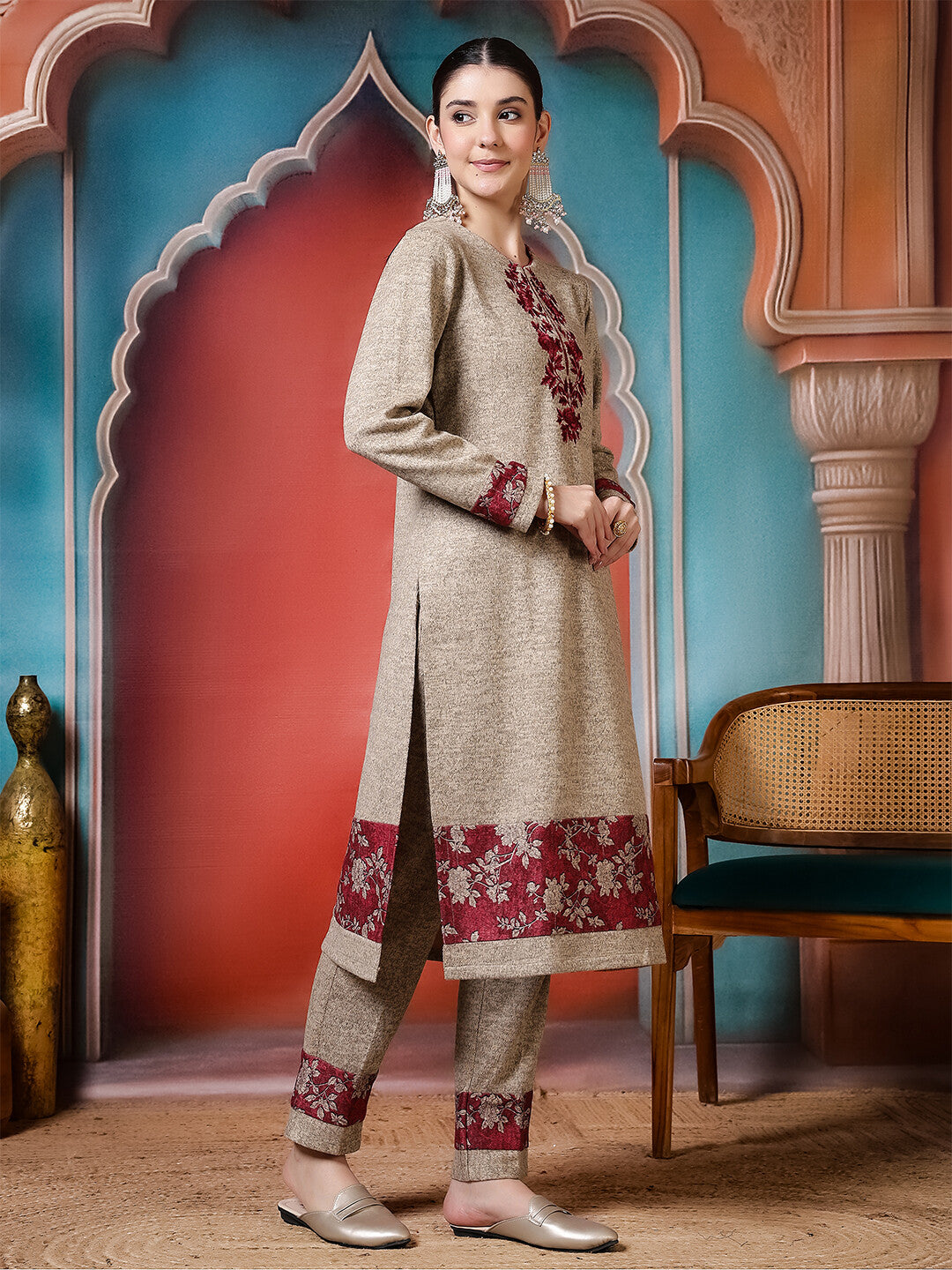 Floral Embroidered Straight Winter Wear Kurta & Trousers Sets