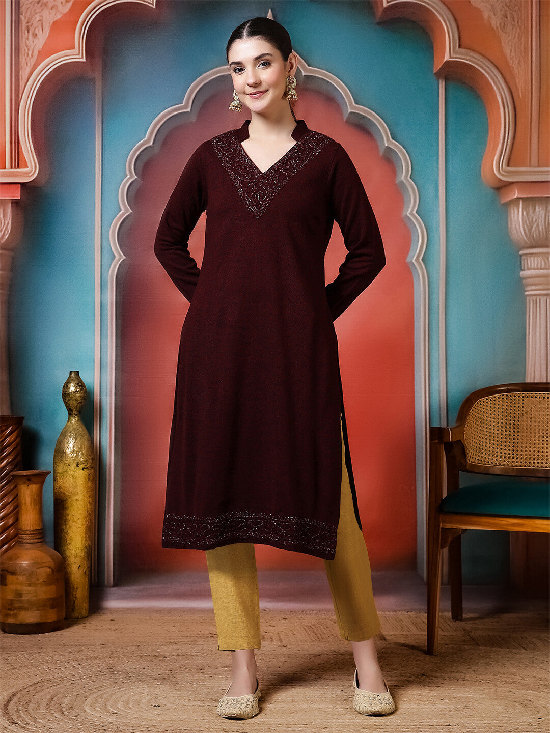 Floral Embroidered Straight Winter Wear Kurta