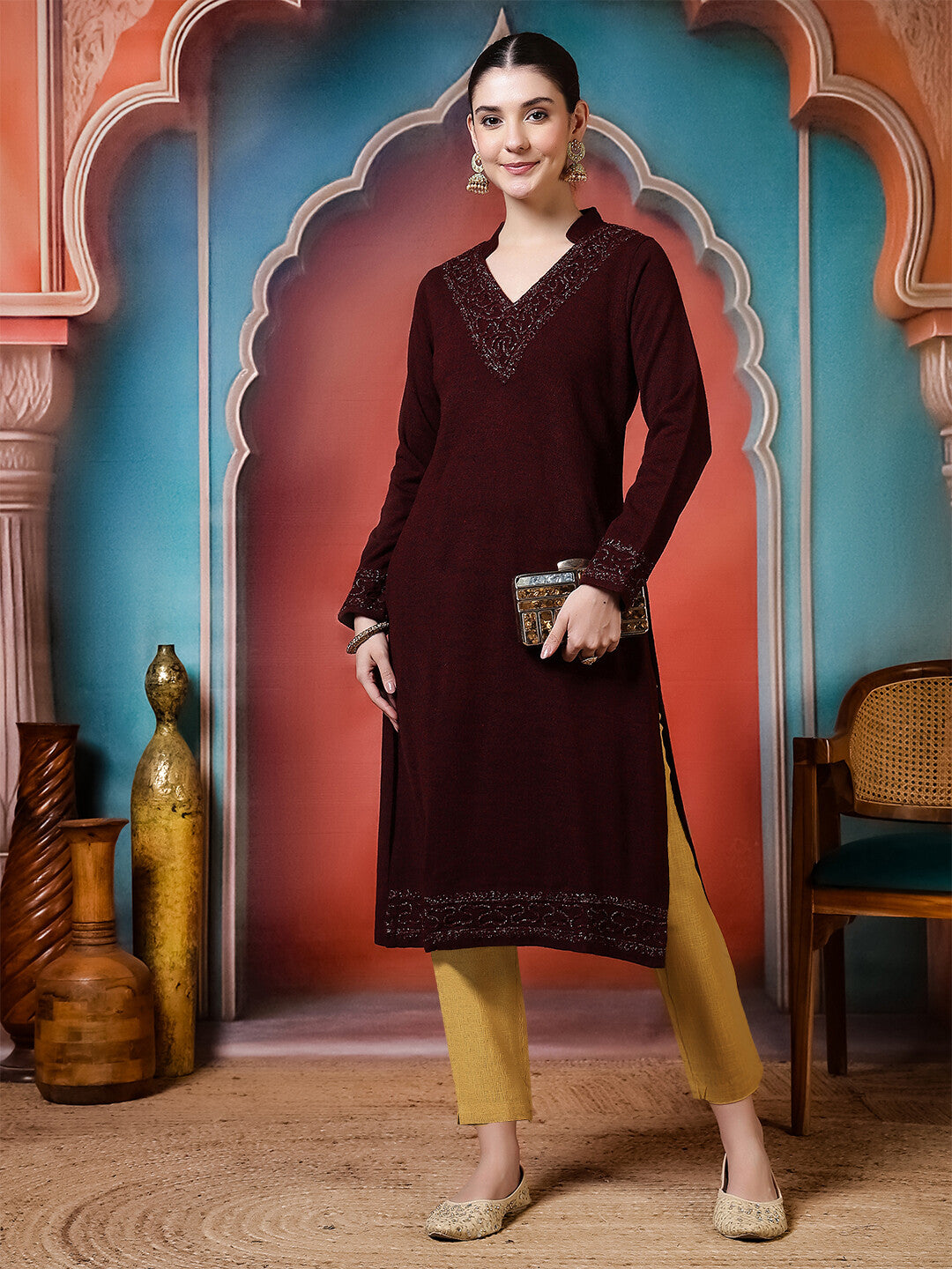 Floral Embroidered Straight Winter Wear Kurta
