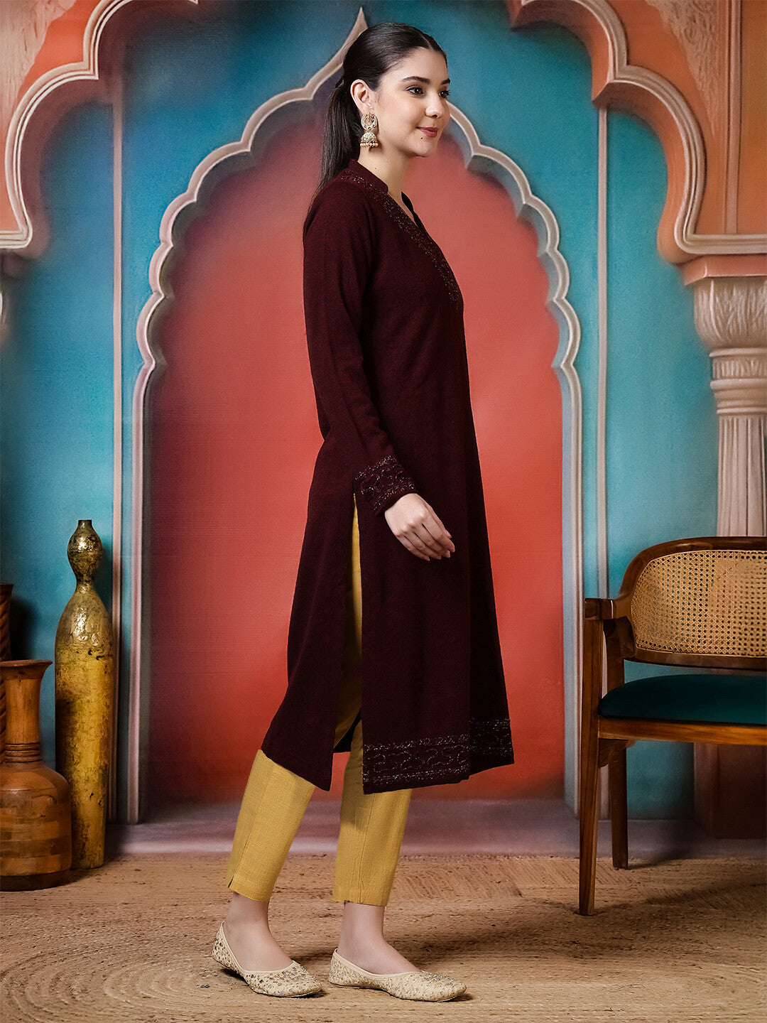 Floral Embroidered Straight Winter Wear Kurta