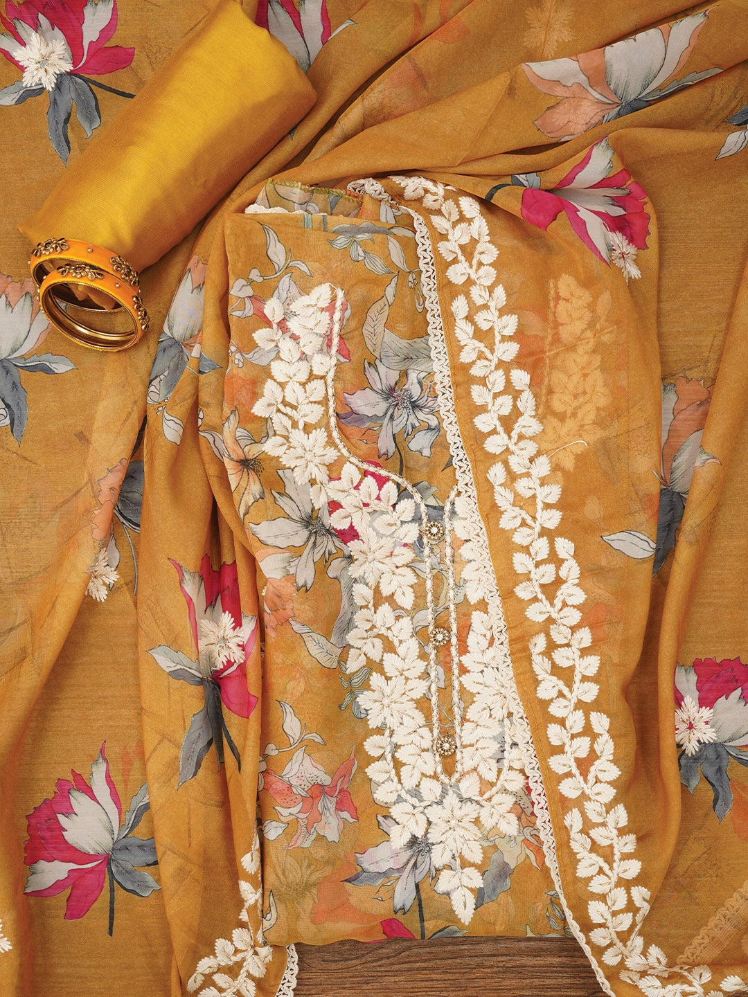 Mustard Lucknowi Embroidered Organza Dress Material with Dupatta