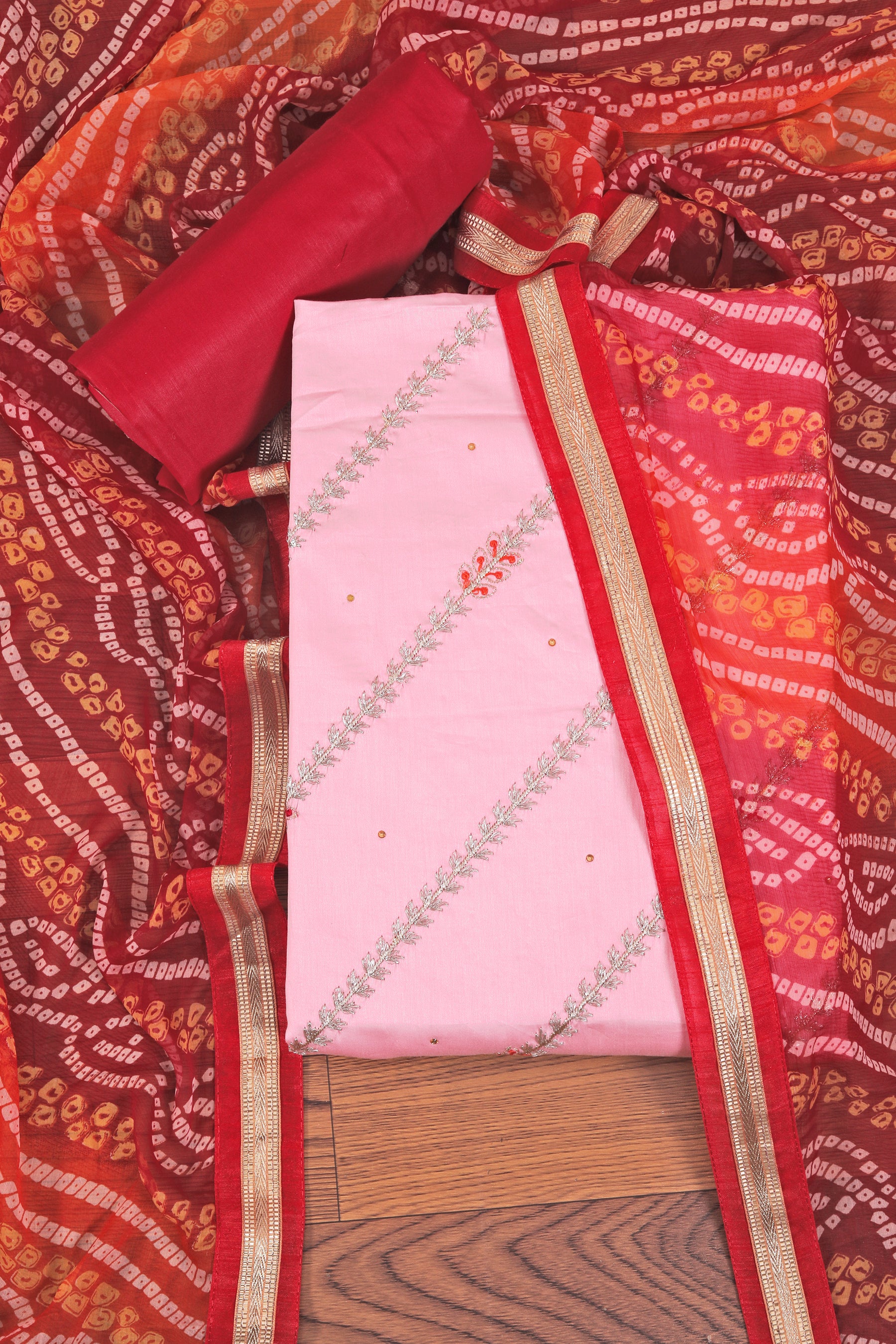 Pink Unstitched Floral Printed Beads and Stones Dress Material With Dupatta