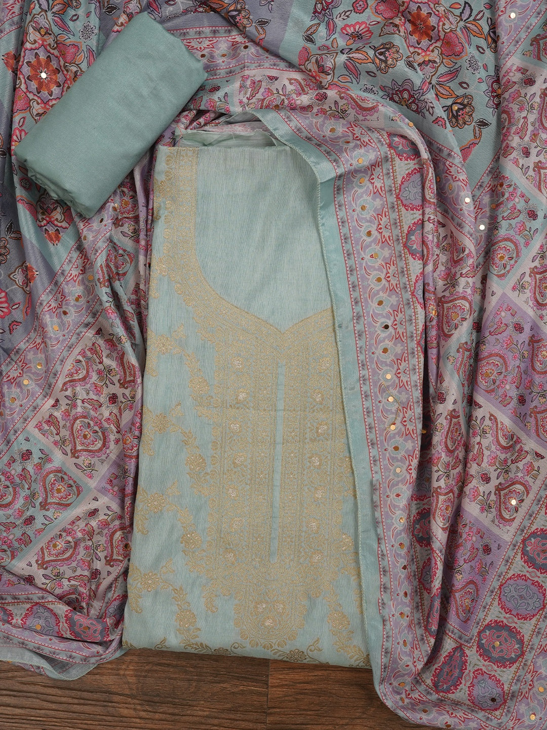 Sequin Embellished Organza Sea Green Dress Material With Dupatta