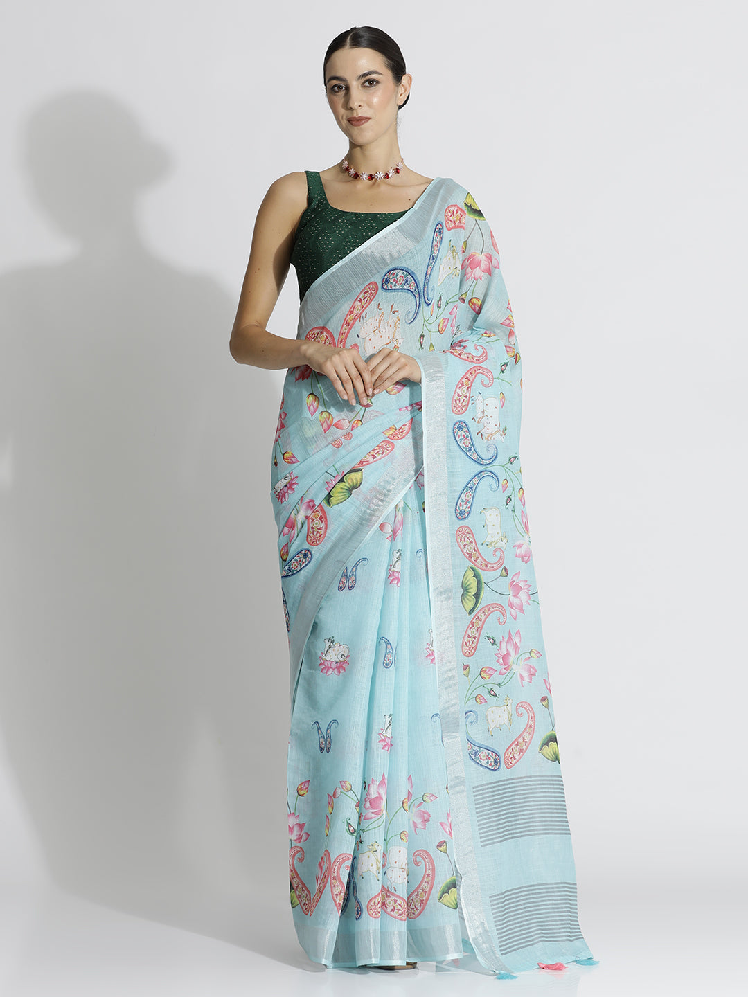 Sky Blue Pichwai Printed Daily Wear Pure Linen Saree