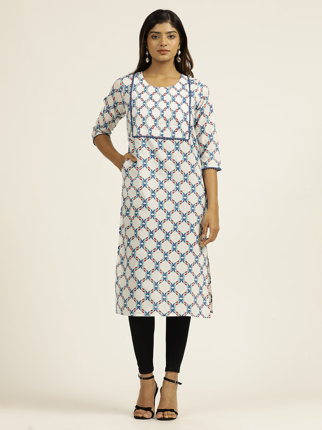 Cotton Blue Ethnic Printed White Straight Kurta