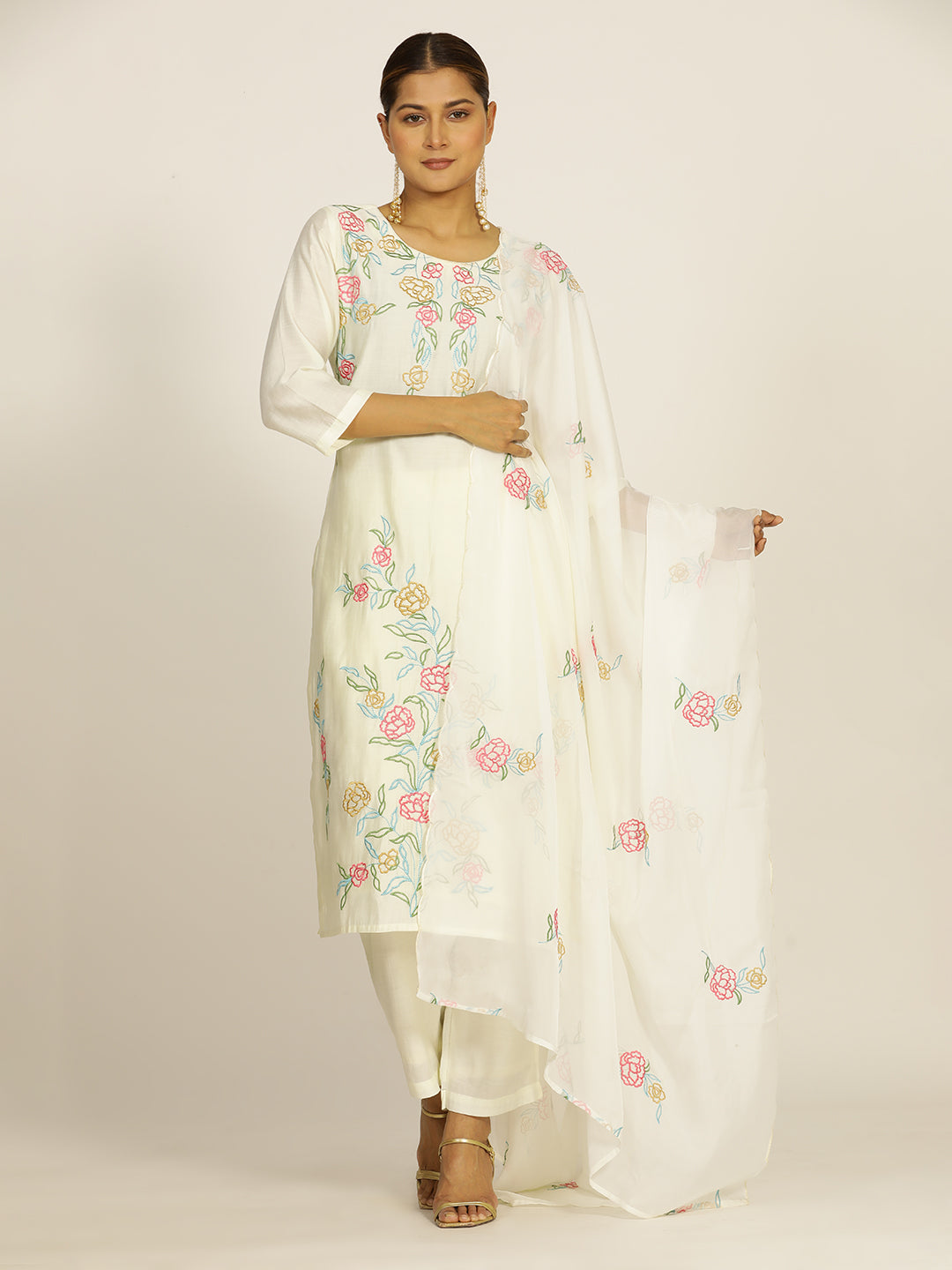 Off White Resham Embroidered Chanderi Festive Suit Set