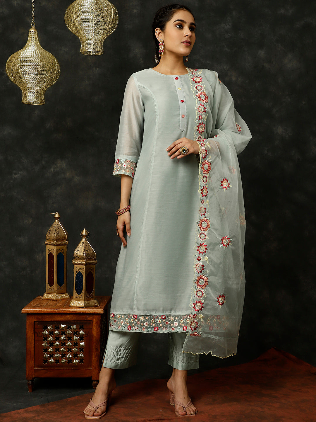 Blue Embroidered Art Silk Chanderi A-line Kurta With Pants And Dupatta