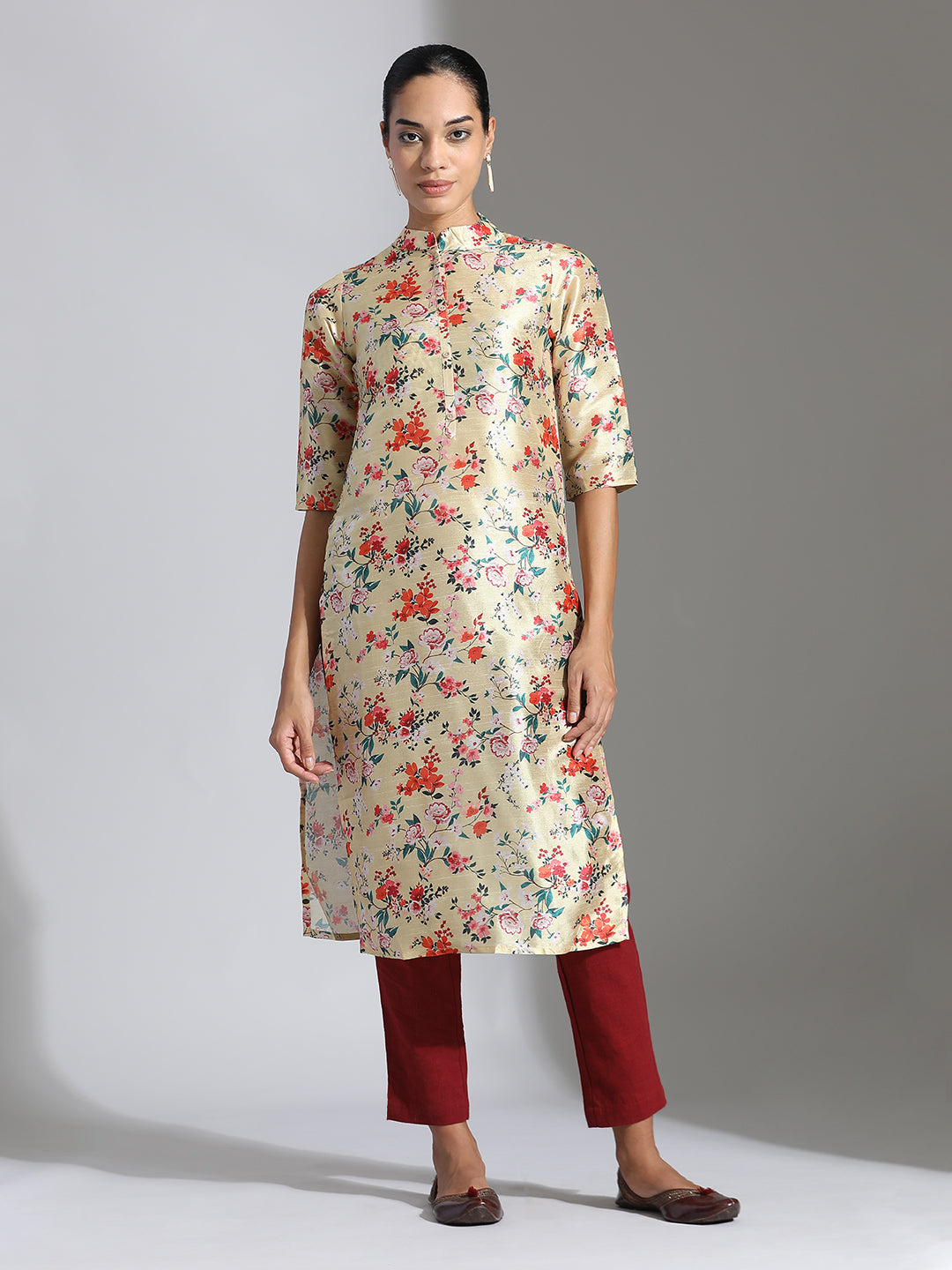 Yellow Floral Printed Poly Chanderi Kurta