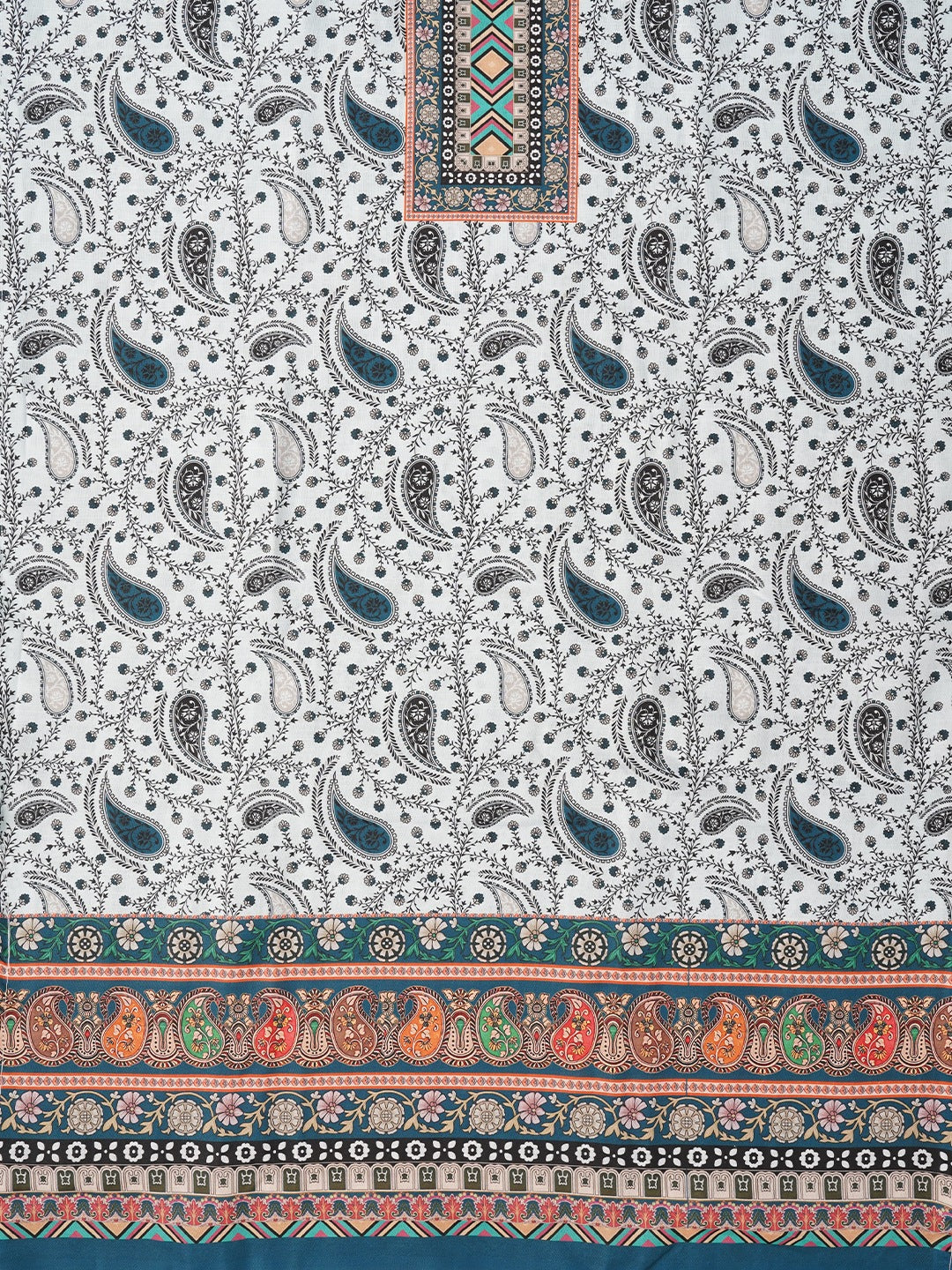 Teal Paisley Printed Cotton Blend Dress Material with Dupatta