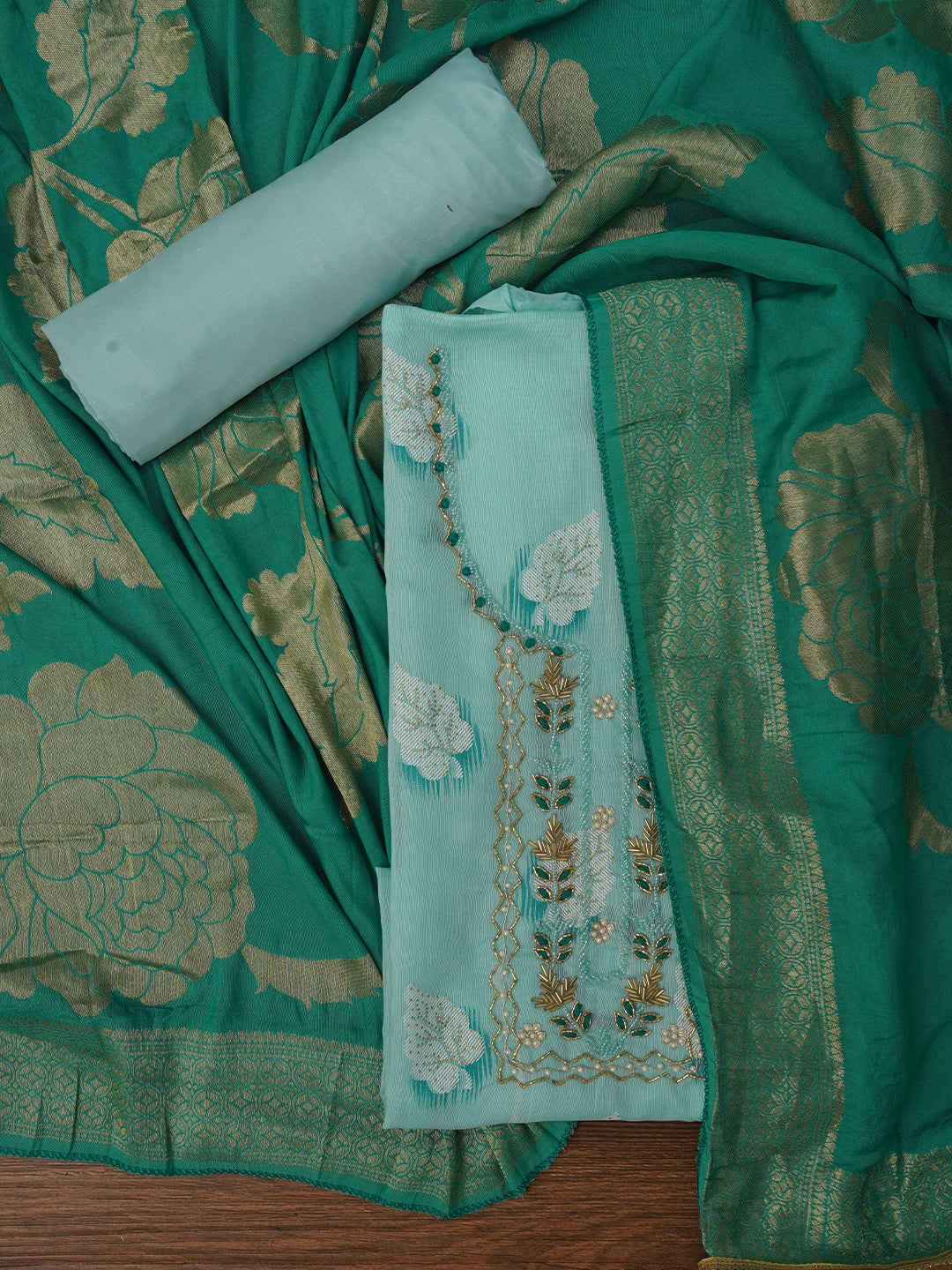 Sea Green Embellished Woven Design Cotton Dress Material with Dupatta