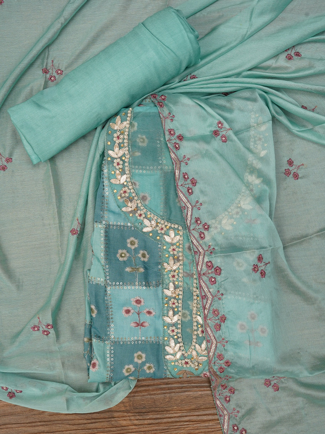 Multicolor Sequin Embellished Silk Blend Dress Material with Dupatta