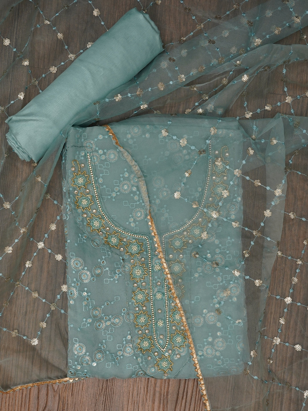 Sea Green Festive Embellished Organza Dress Material with Dupatta