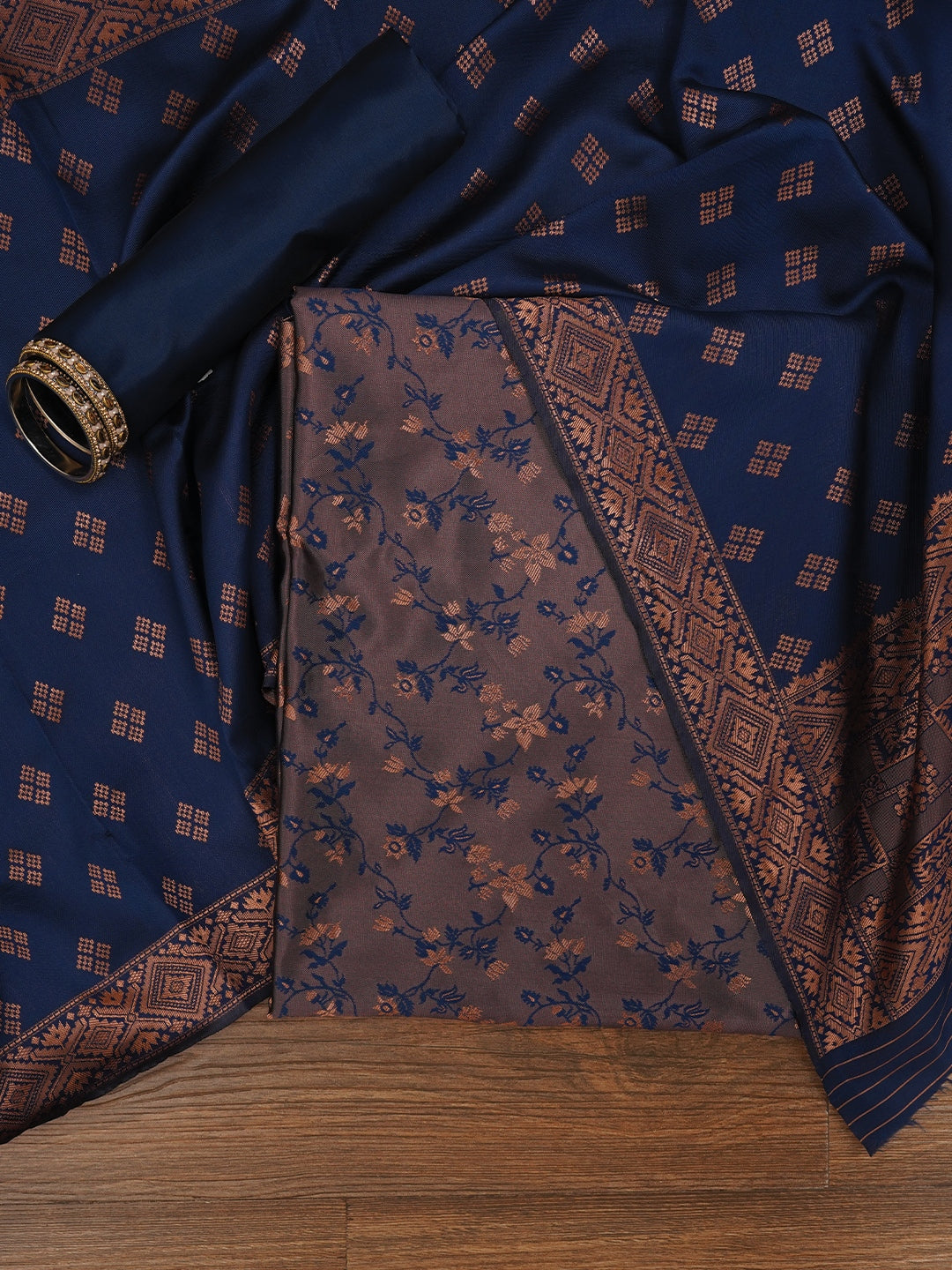 Floral Silk Zari Woven Navy Blue Dress Material with Dupatta