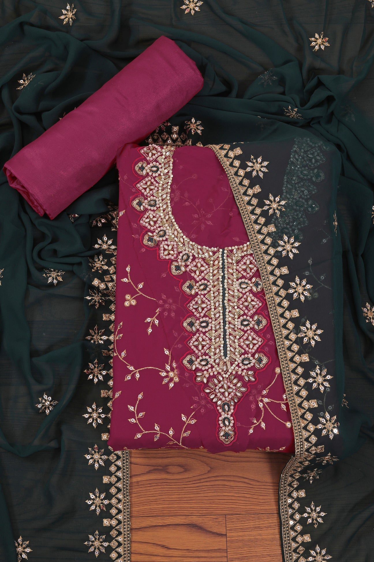 Pink Heavy Embroidered Poly Georgette Dress Material with Dupatta