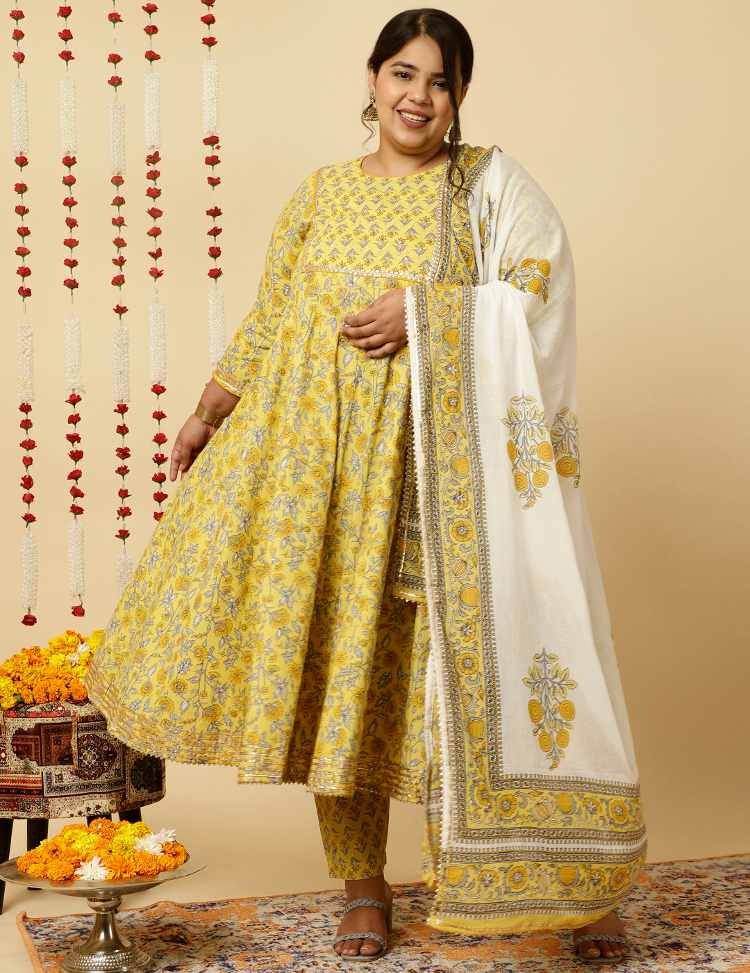 Plus Size Yellow Ethnic Print Anarkali Kurta With Pants And Dupatta