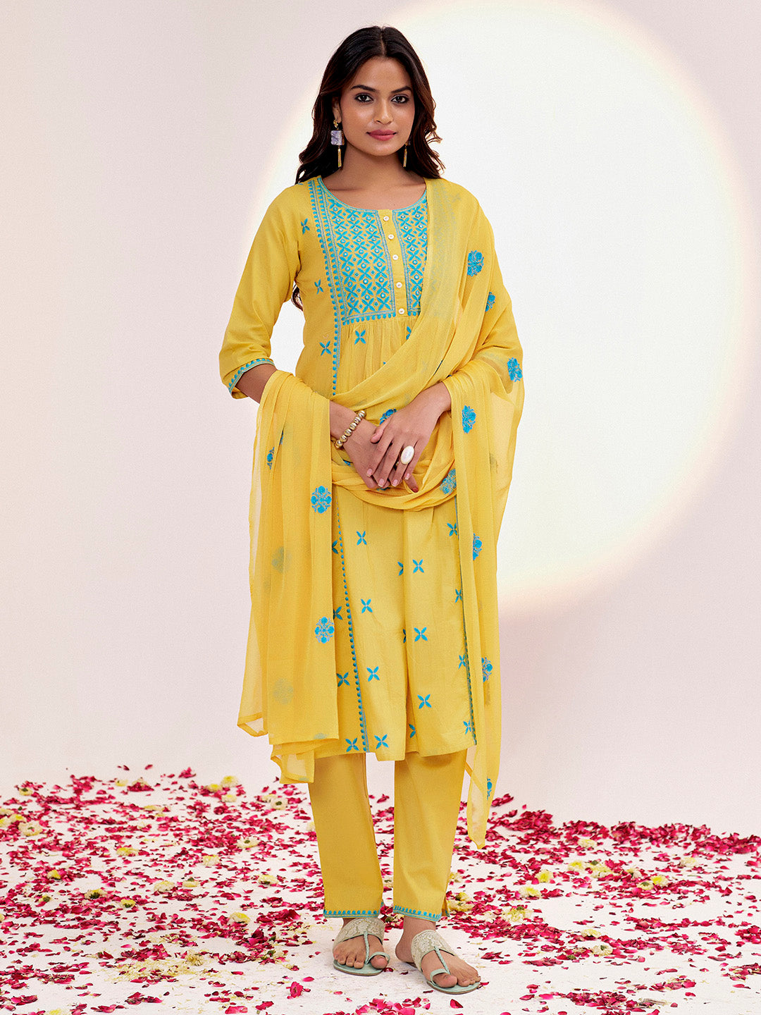 Pure Cotton Festive Chikankari Yellow Kurta Set With Dupatta