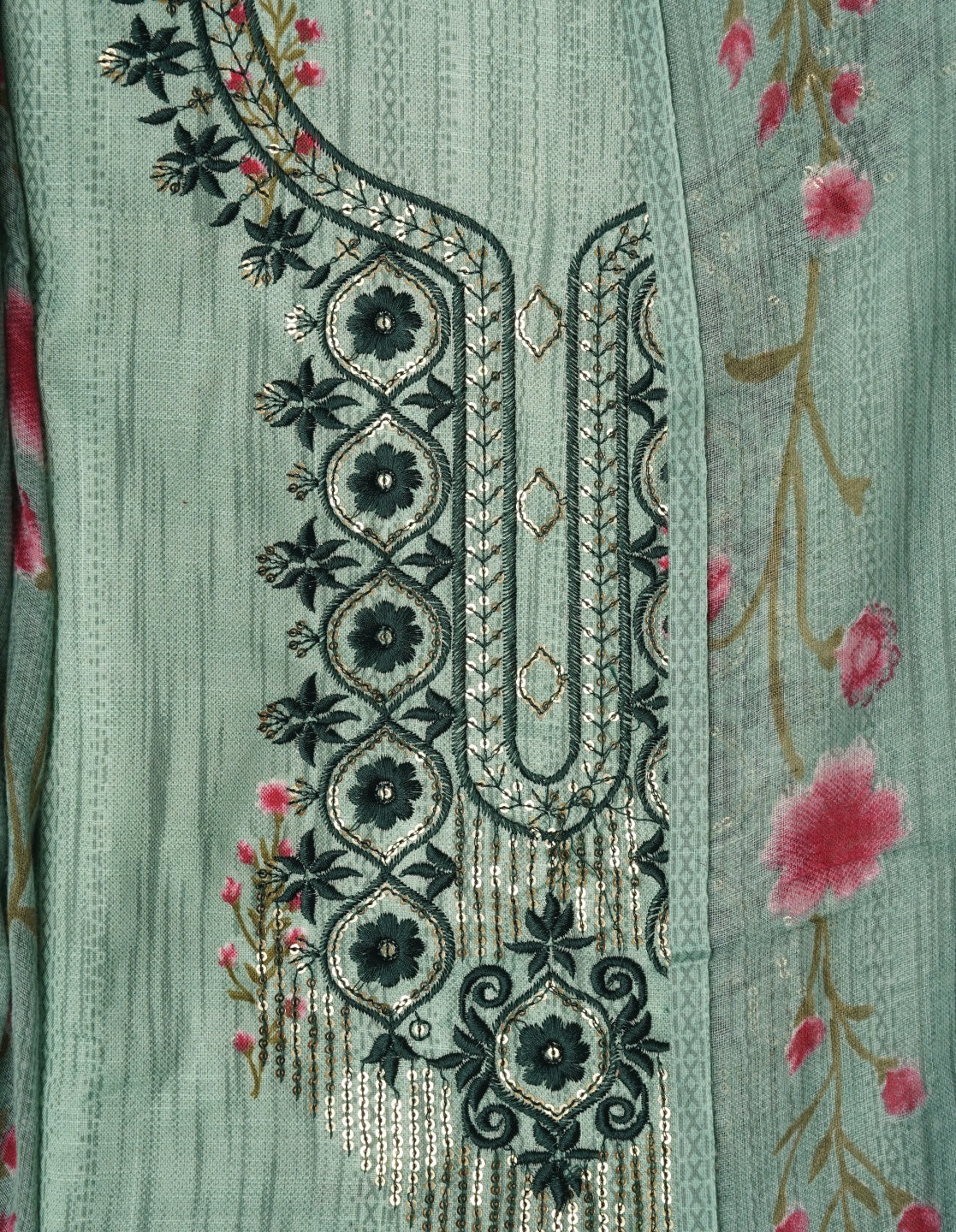 Green Embroidered Pure Cotton Dress Material with Dupatta