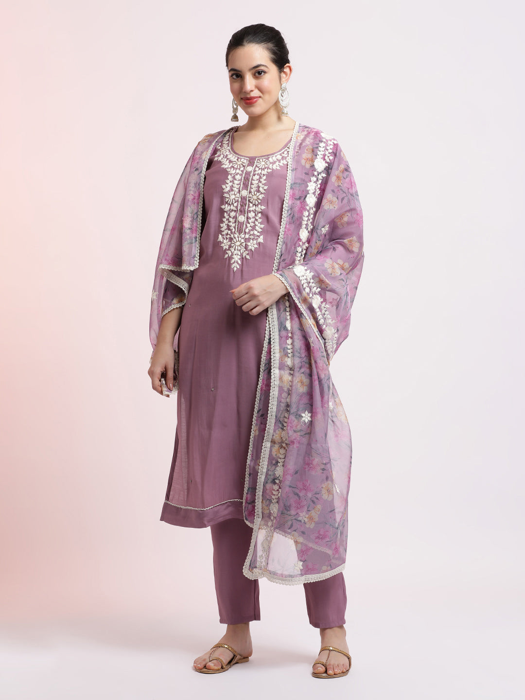 Floral Embroidered Festive Purple Kurta Set With Dupatta