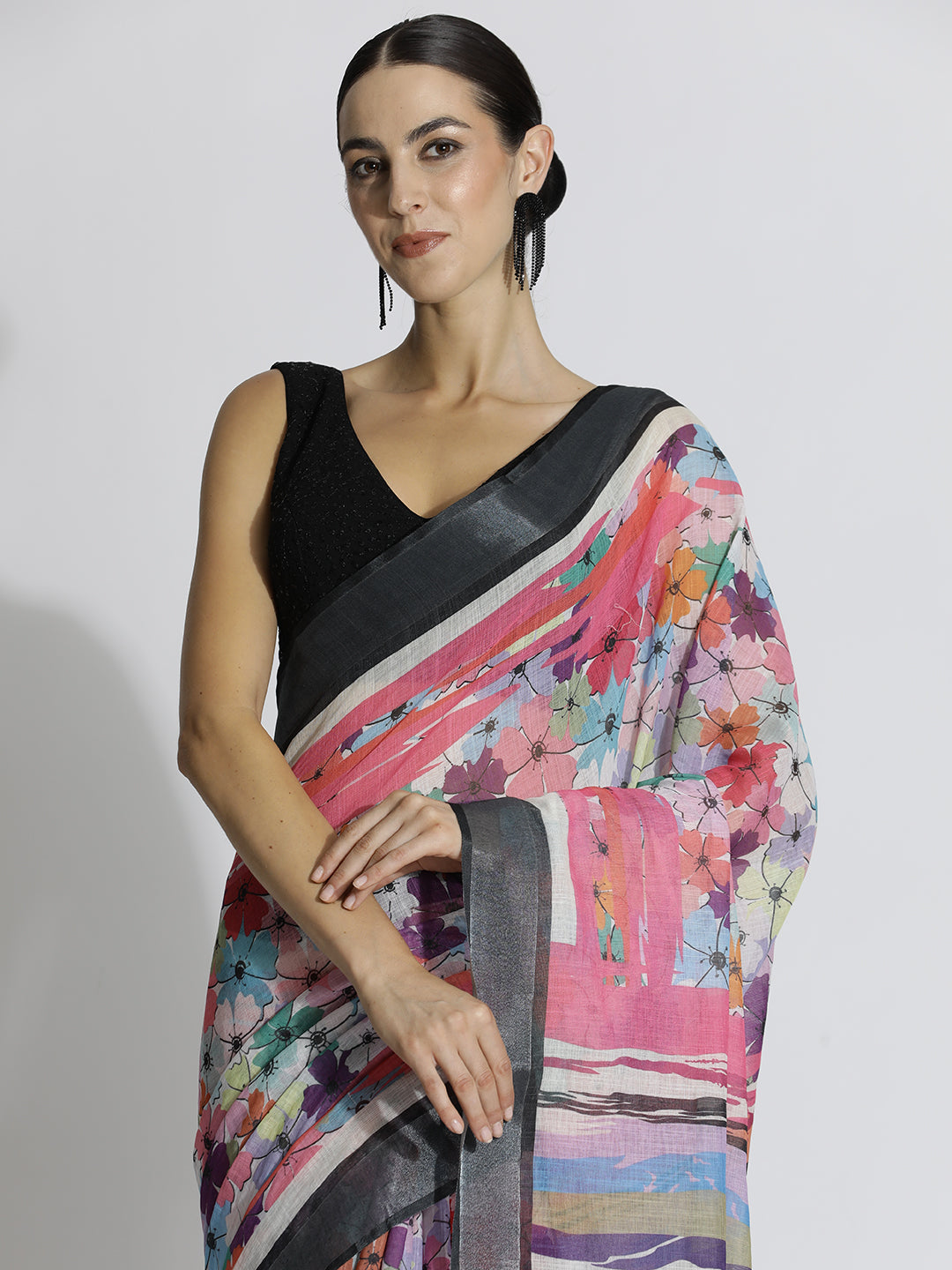 Floral Printed Daily Wear Pure Linen Multi Saree
