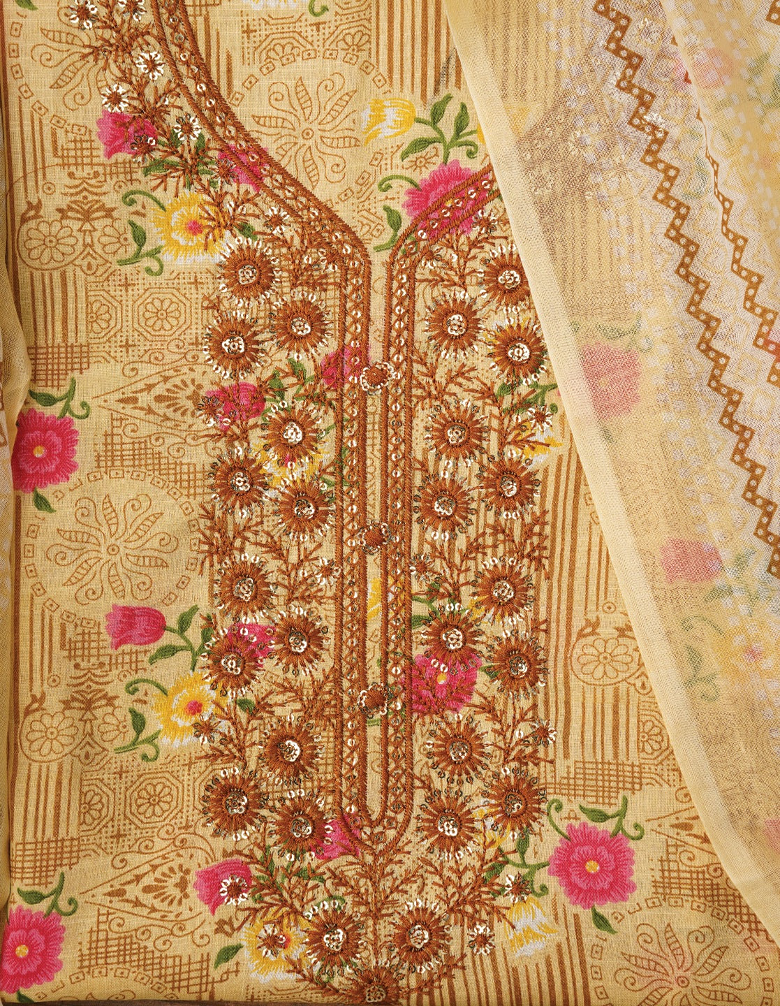 Sequin Embroidered Pure Cotton Floral Dress Material with Dupatta