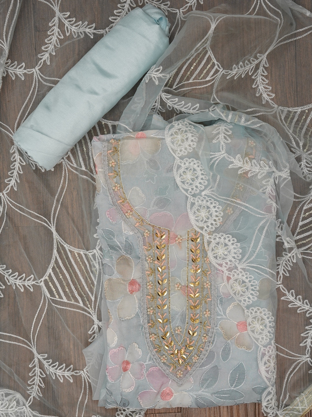 Sea Green Floral Embroidered Organza Dress Material with Dupatta