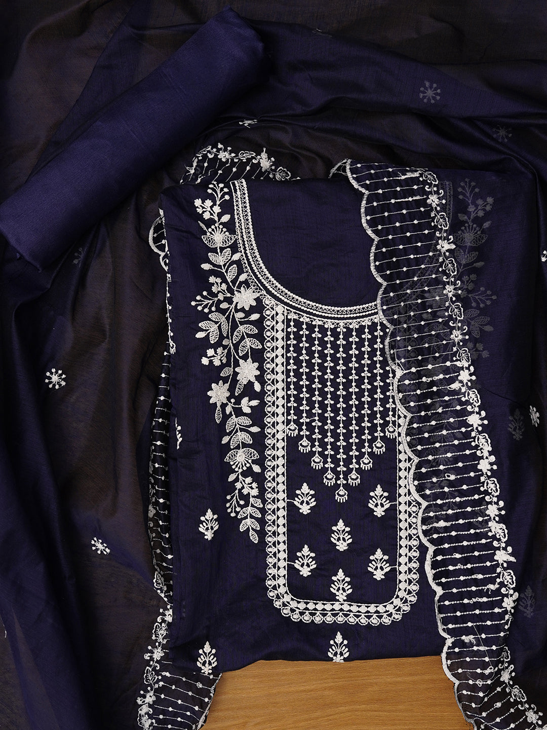 Navy Blue Unstitched Embroidered Cotton Blend Dress Material With Dupatta