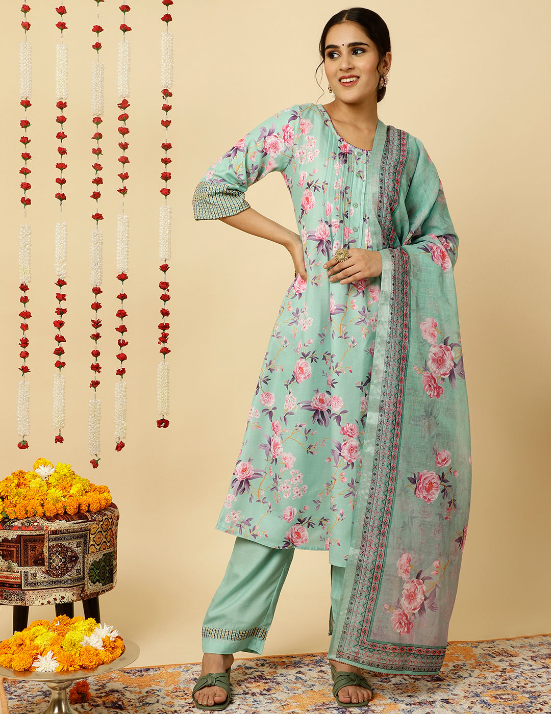 EMBROIDERED GREEN ROSE PRINT PLEATED PAKISTANI KURTA WITH PANTS AND DUPATTA
