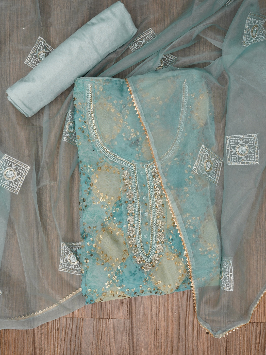 Multi Color Sequin Embellished Organza Dress Material with Dupatta