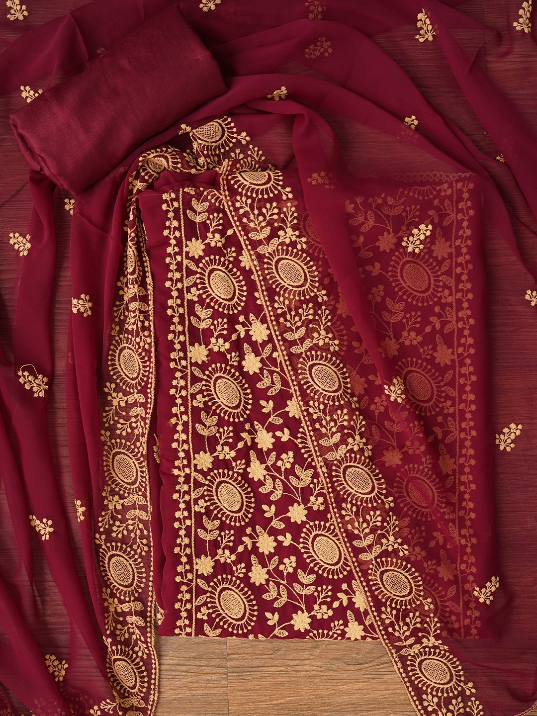 Purple Unstitched Silk Georgette Embroidered Dress Material With Dupatta