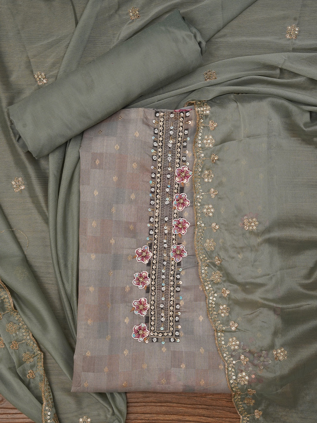 Sea Green Floral Printed Embellished Cotton Dress Material with Dupatta