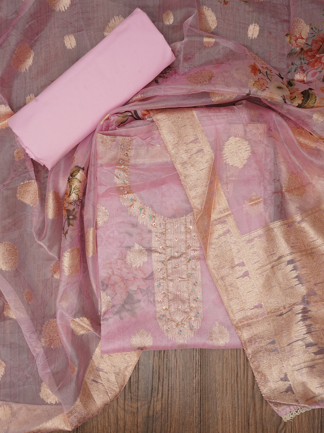 Pink Floral Printed Embellished Organza Dress Material with Dupatta