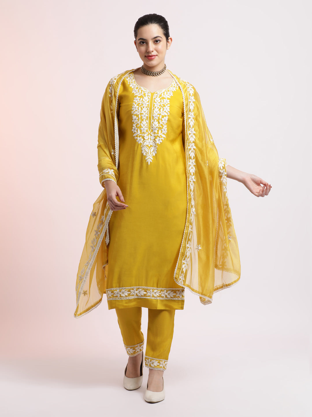 Mustard Gold Floral Embroidered Festive Kurta Set With Dupatta