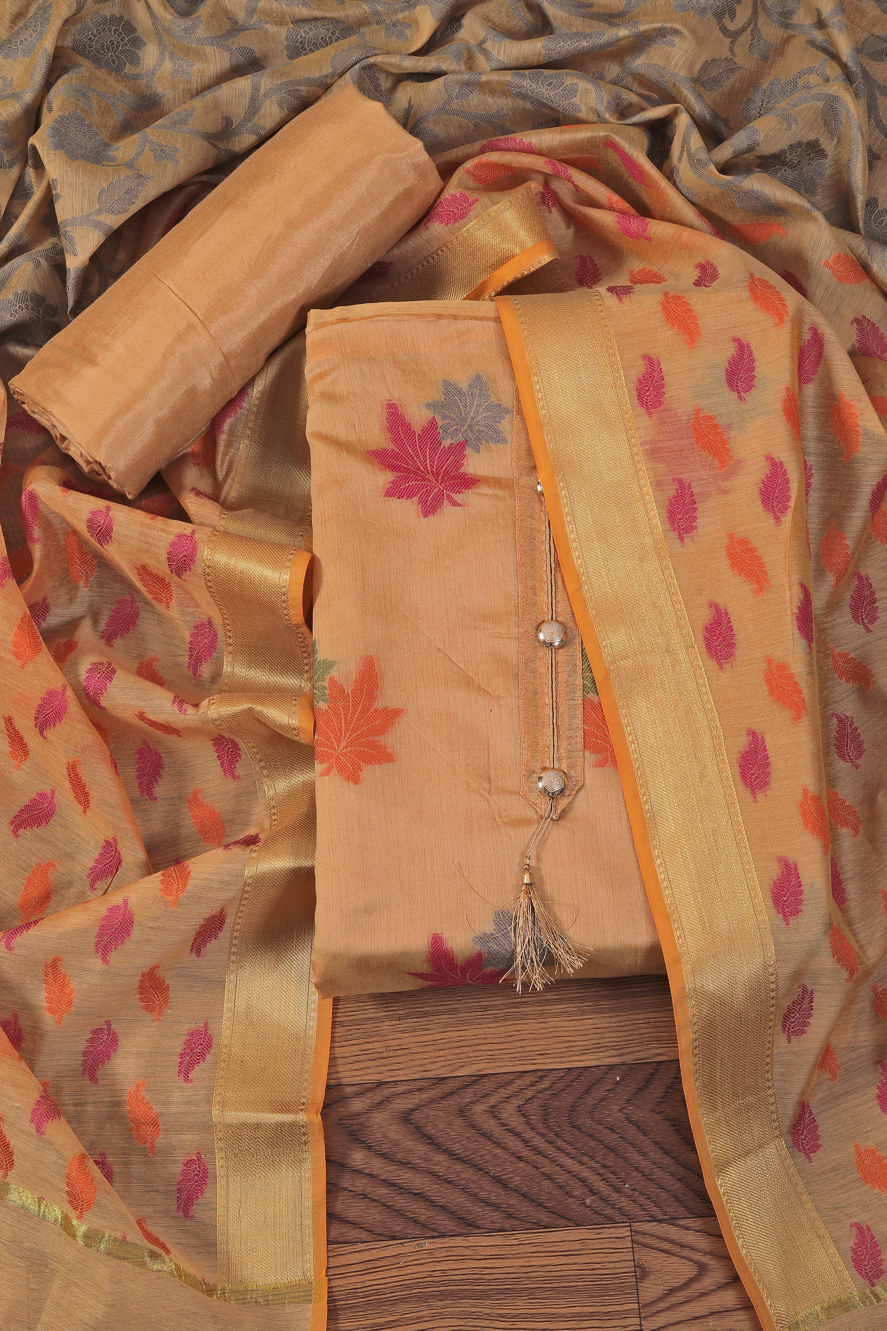 Yellow Embellished Jacquard Dress Material With Dupatta