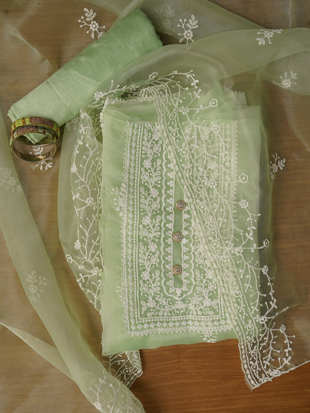 Pista Green Unstitched Embroidered Organza Dress Material With Dupatta