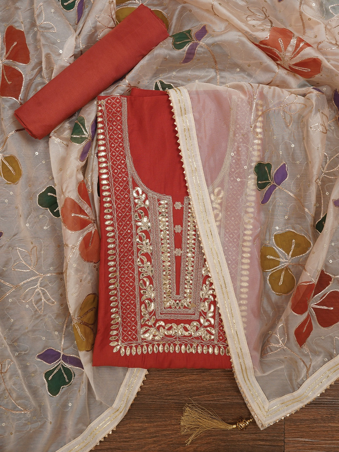 Rust Handpainted Embroidered Pure Silk Dress Material with Dupatta