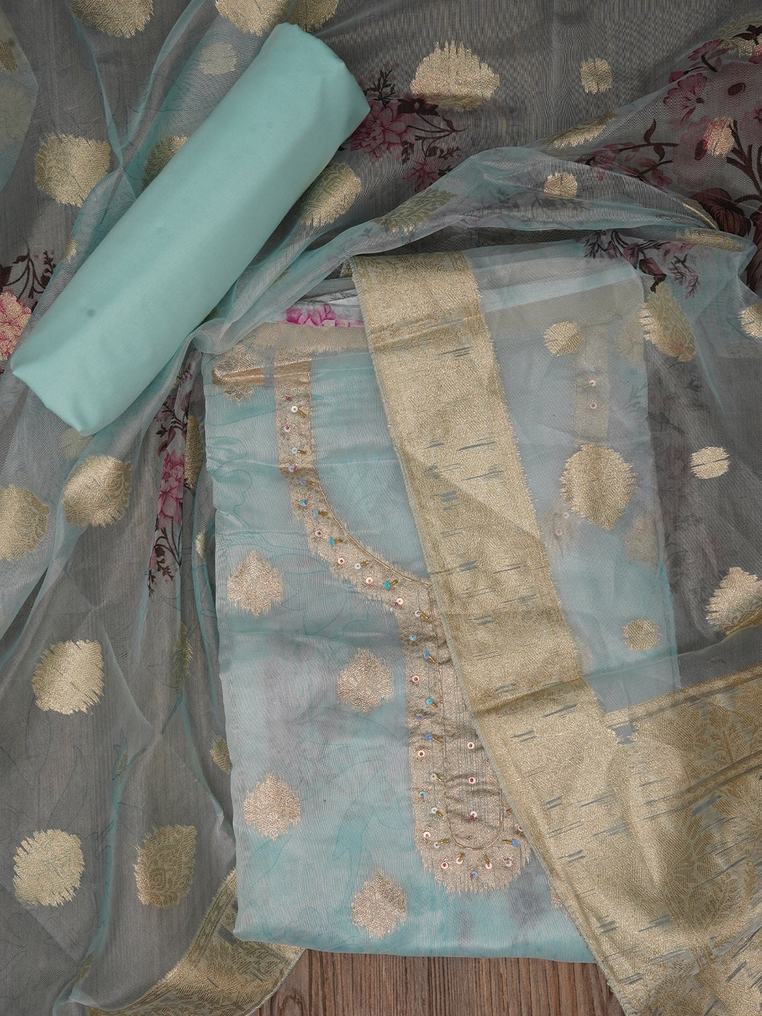 Sea Green Floral Printed Embellished Organza Dress Material with Dupatta