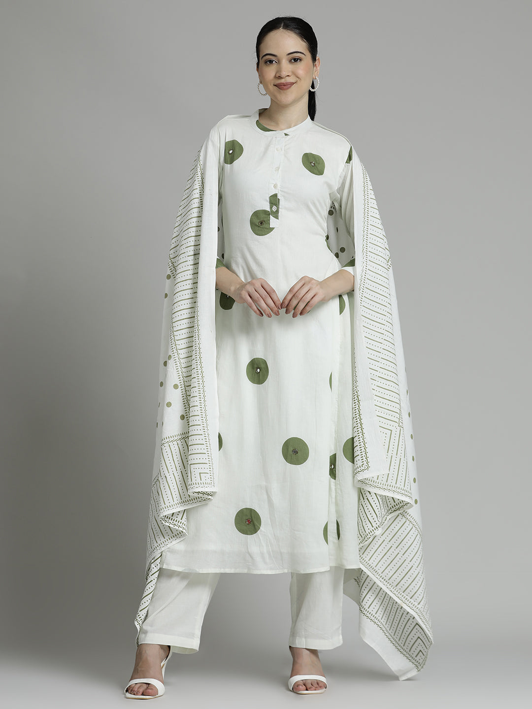 Printed Pure Cotton A-line White Suit Set